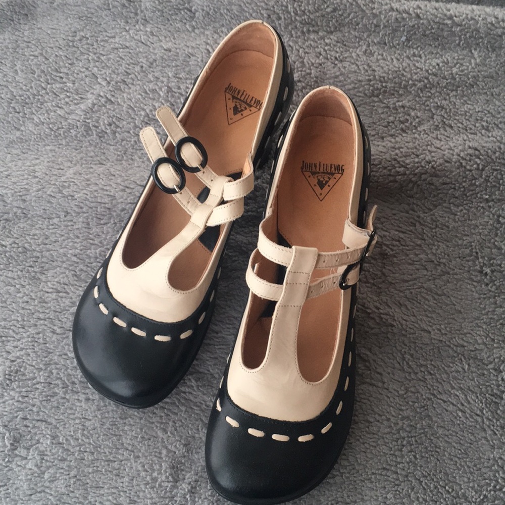 John Fluevog Black and Cream Heels